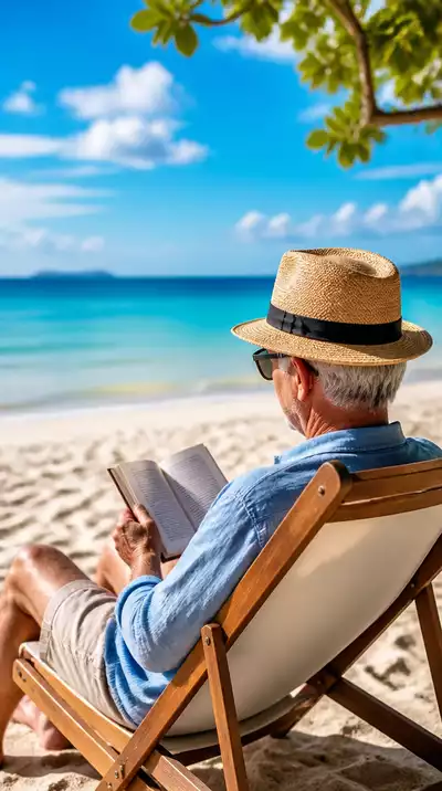 Senior traveler relaxing on a warm beach with a book