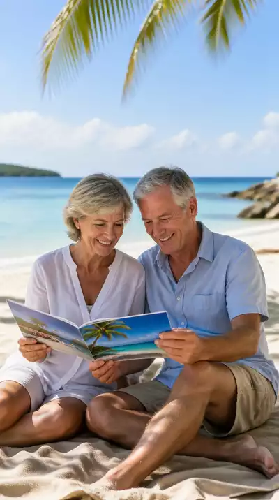 Senior couple looking at a travel brochure for beach destinations, with a tropical background, no text, no words, no typography, clean image