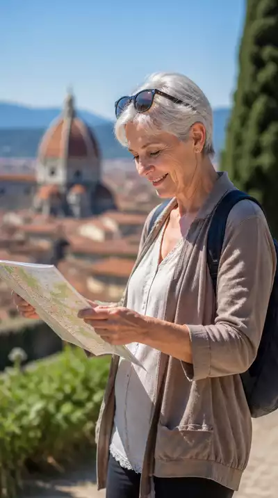 Senior woman with backpack looking at a map in a scenic outdoor location