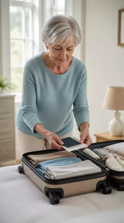 Senior woman organizing travel documents and packing a suitcase, symbolizing travel ease.