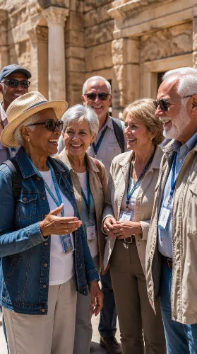 Group of happy seniors sharing a laugh on a guided tour