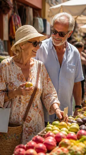 Elderly couple exploring a vibrant market in a sunny destination