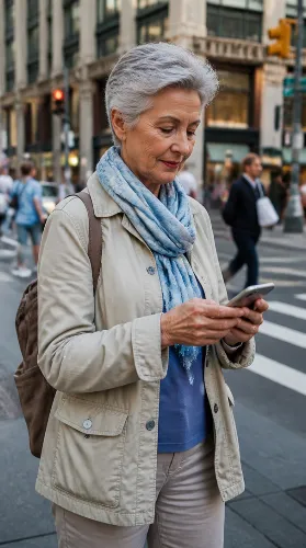 Senior woman confidently navigating a city street with a small backpack