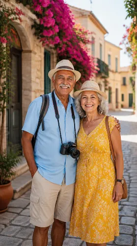Happy senior couple exploring a scenic destination